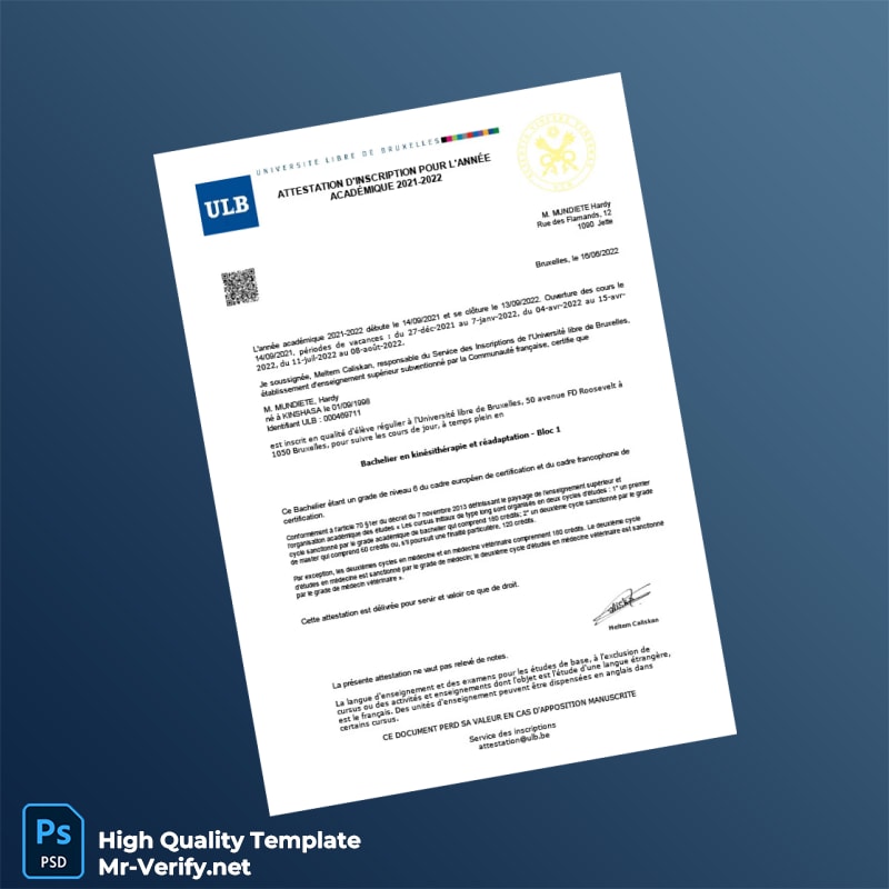 Belgium Université libre de Bruxelles Registration Certificate Template in Word and PDF formats 2 page Belgium Université libre de Bruxelles Registration Certificate Template in Word and PDF formats 2 page