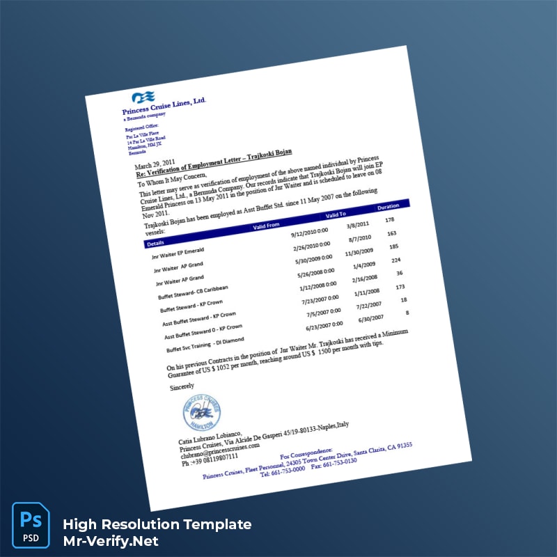 Editable Bermuda Princess Cruises Proof of Employment Letter Word and Pdf Template Editable Bermuda Princess Cruises Proof of Employment Letter Word and Pdf Template