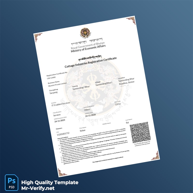 Bhutan Ministry of Economic Affairs Cottage Industry Registration Certificate Template in Word and PDF formats Bhutan Ministry of Economic Affairs Cottage Industry Registration Certificate Template in Word and PDF formats
