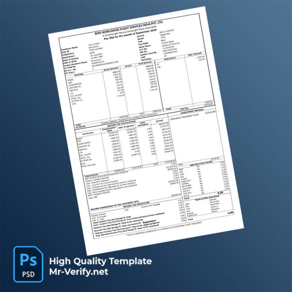 Bird Worldwide Flight Services India PVT LTD payslip word and pdf template