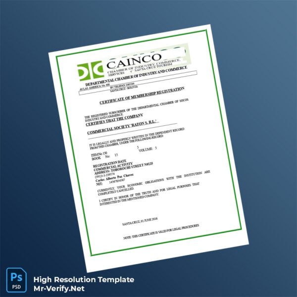 Bolivia Departmental Chamber of Industry and Commerce Business Registration Certificate Word and Pdf Template Bolivia Departmental Chamber of Industry and Commerce Business Registration Certificate Word and Pdf Template