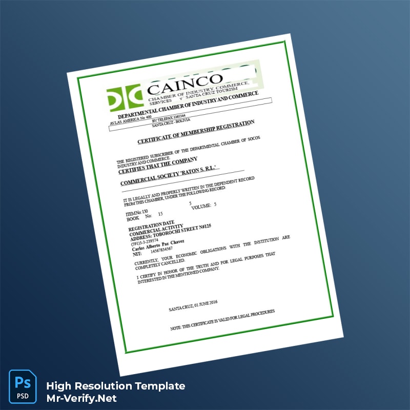Bolivia Departmental Chamber of Industry and Commerce Business Registration Certificate Word and Pdf Template Bolivia Departmental Chamber of Industry and Commerce Business Registration Certificate Word and Pdf Template