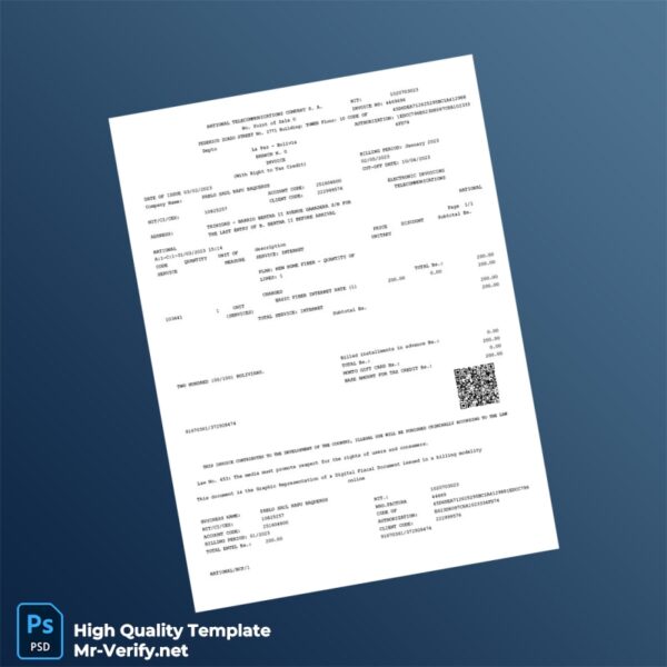 Bolivia National Telecommunications Company S A Invoice Template in Word and PDF formats