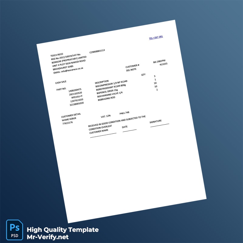 Botswana TESCA RECO Tax Invoice Template in Word and PDF formats 2 page Botswana TESCA RECO Tax Invoice Template in Word and PDF formats 2 page