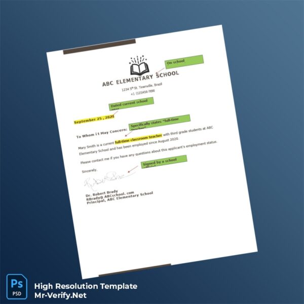 Editable Brazil ABC Elementary School Employment Verification Letter Word and Pdf Template