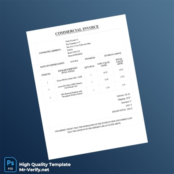 Brazil Commercial Invoice Template in Word and PDF formats Brazil Commercial Invoice Template in Word and PDF formats
