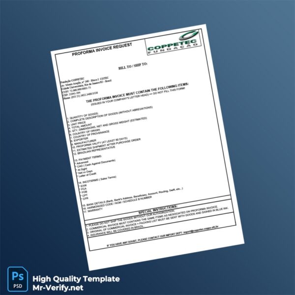 Brazil Fundação COPPETEC Proforma Invoice Template in Word and PDF formats