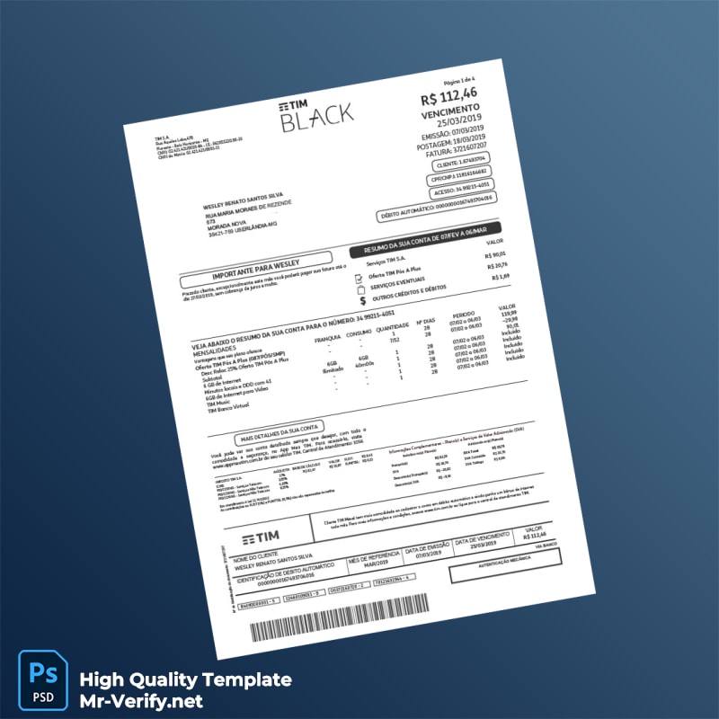 Brazil TIM Invoice Template in Word and PDF formats 6 page Brazil TIM Invoice Template in Word and PDF formats 6 page