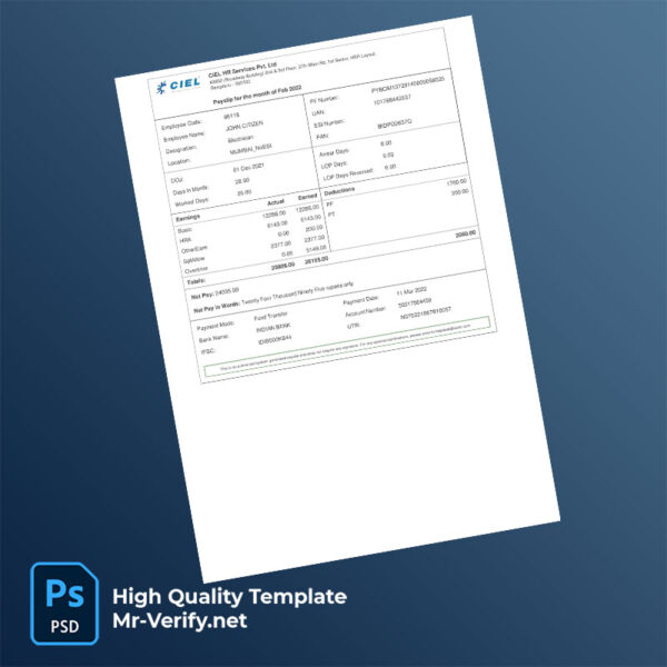 CIEL HR Services Pvt Ltd payslip word and pdf template
