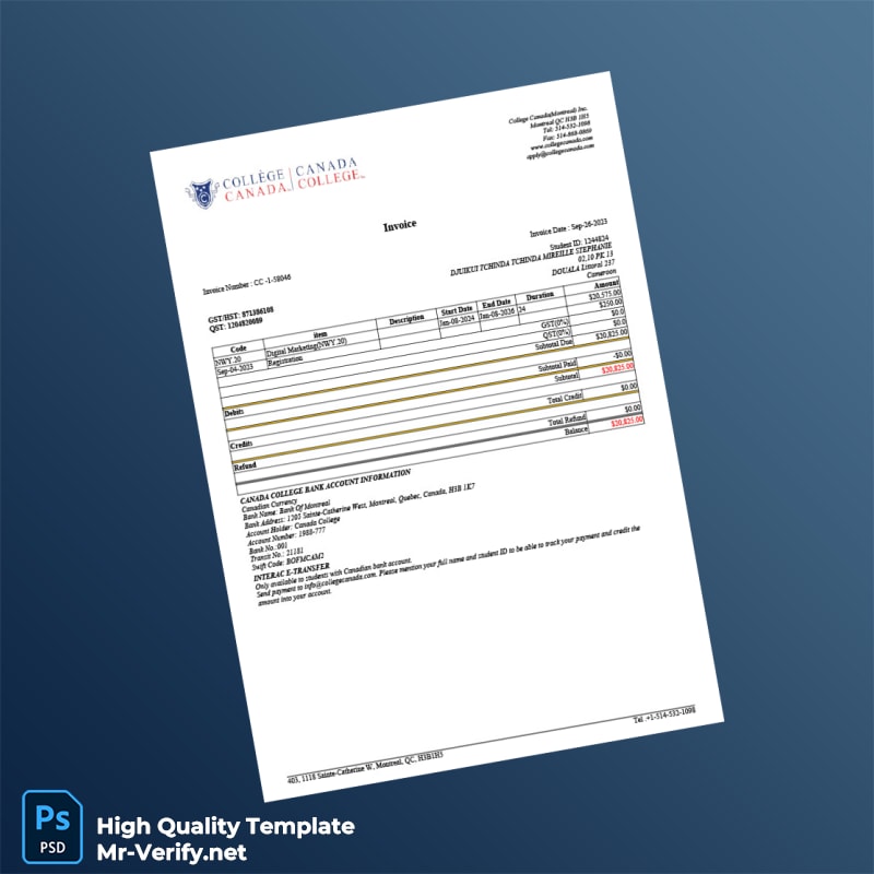 Cameroon Canada College Invoice Template in Word and PDF formats Cameroon Canada College Invoice Template in Word and PDF formats