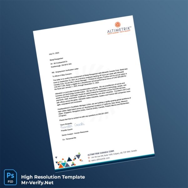 Editable Canada Altimetrik Canada Corp Employment Verification Letter Word and Pdf Template