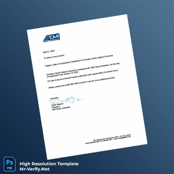 Editable Canada CMI Heavy Industries Employment Verification Letter Word and Pdf Template
