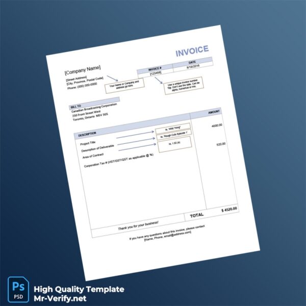 Canada Canadian Broadcasting Corporation Invoice Template in Word and PDF formats