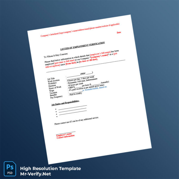 Editable Canada Company Employment Verification Letter Word and Pdf Template