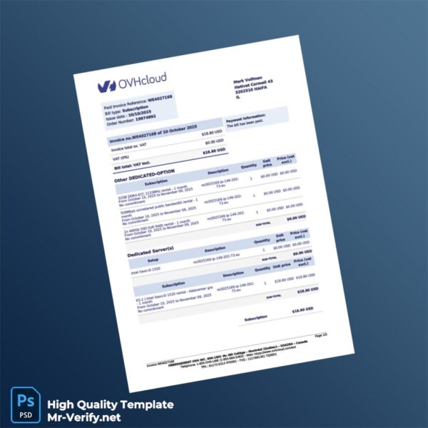 Canada Hebegement OVH Invoice Template in Word and PDF formats 2 page