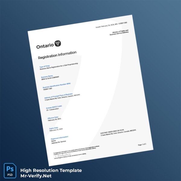 Editable Canada Ministry of Public and Business Service Delivery Business Name Registration Certificate Word and Pdf Template 2 page