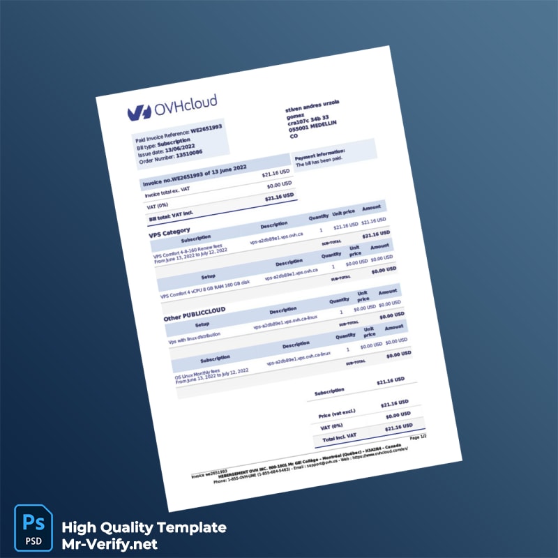 Canada OVH Cloud Invoice Template in Word and PDF formats 2 page Canada OVH Cloud Invoice Template in Word and PDF formats 2 page