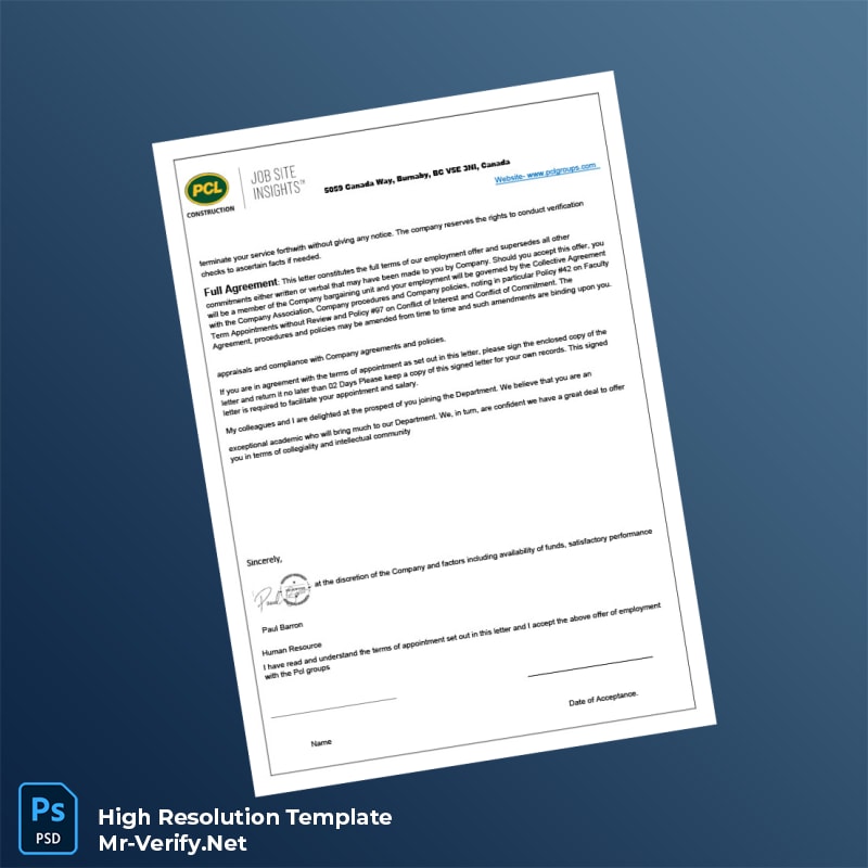 Editable Canada PCL GROUPS Employment Verification Letter Word and Pdf Template 3 page Editable Canada PCL GROUPS Employment Verification Letter Word and Pdf Template 3 page