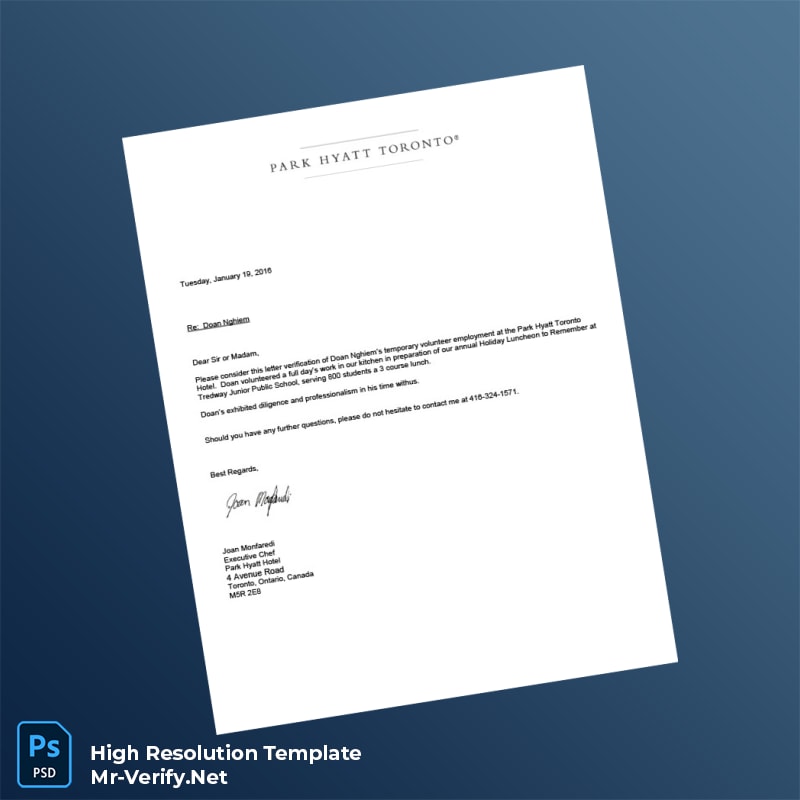 Editable Canada Park Hyatt Toronto Employment Verification Letter Word and Pdf Template Editable Canada Park Hyatt Toronto Employment Verification Letter Word and Pdf Template
