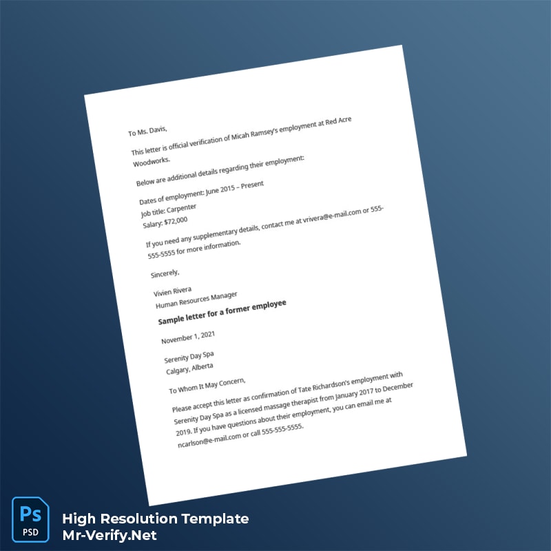 Editable Canada Red Acre Woodworks Employment Verification Letter Word and Pdf Template 3 page Editable Canada Red Acre Woodworks Employment Verification Letter Word and Pdf Template 3 page