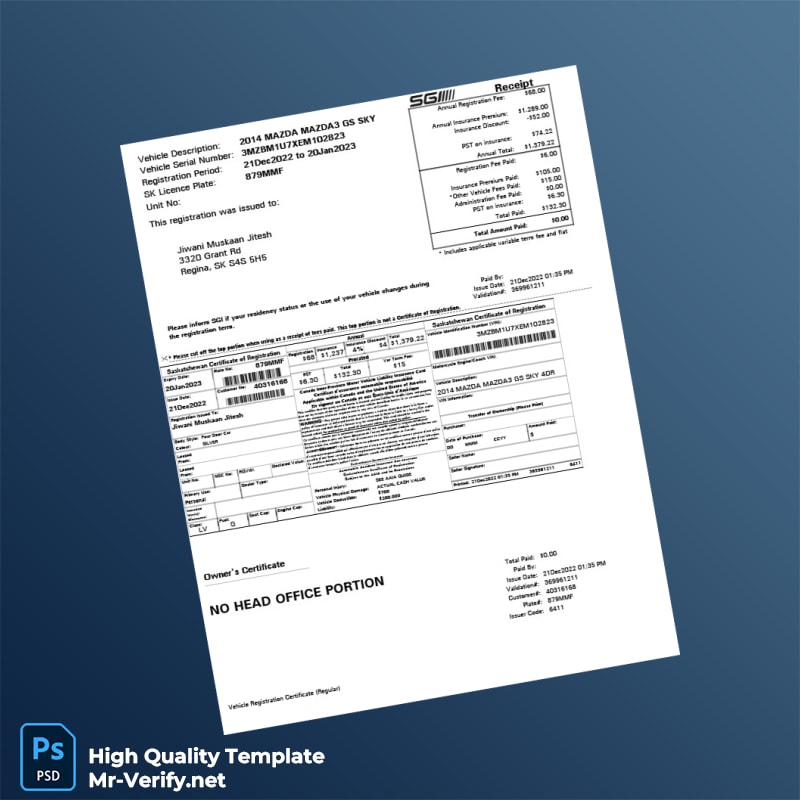 Canada Saskatchewan Vehicle Registration Certificate Template in Word and PDF formats Canada Saskatchewan Vehicle Registration Certificate Template in Word and PDF formats