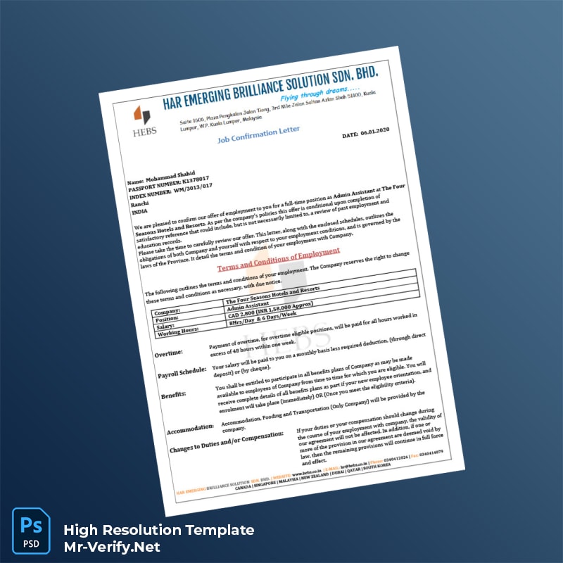 Editable Canada The Four Seasons Hotels and Resorts Job Confirmation Letter Word and Pdf Template 2 page Editable Canada The Four Seasons Hotels and Resorts Job Confirmation Letter Word and Pdf Template 2 page