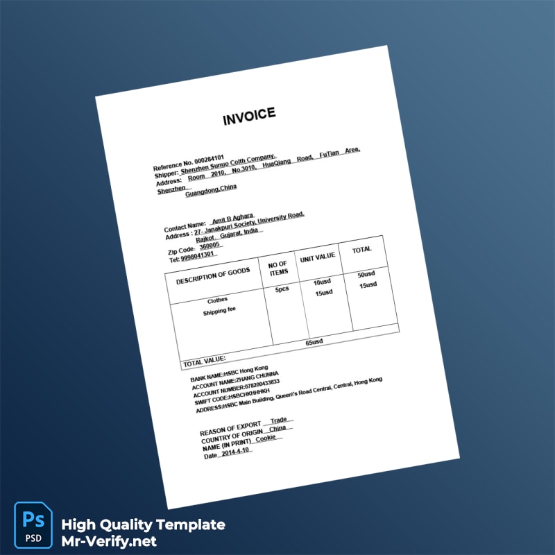 China Shenzhen Sunuo Colth Company Invoice Template in Word and PDF formats China Shenzhen Sunuo Colth Company Invoice Template in Word and PDF formats
