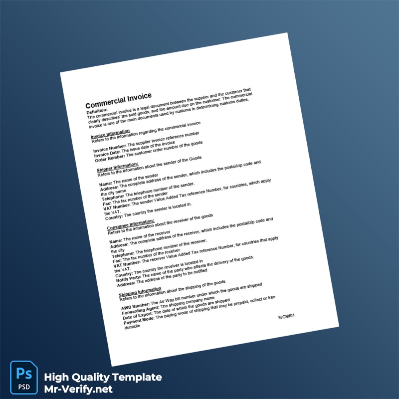 Commercial Invoice Template in Word and PDF formats 3 page Commercial Invoice Template in Word and PDF formats 3 page