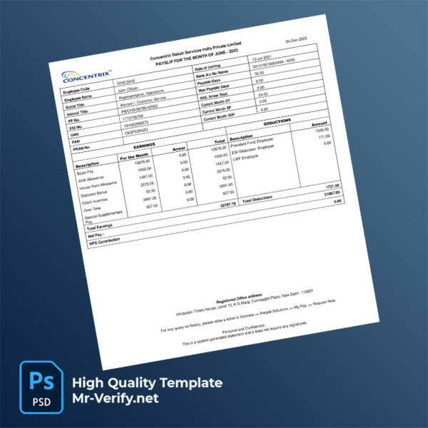 Concentrix Daksh Services India Private Limited payslip word and pdf template