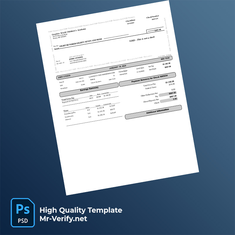 Creative World Children’s Academy pay stub word and pdf template Creative World Children’s Academy pay stub word and pdf template