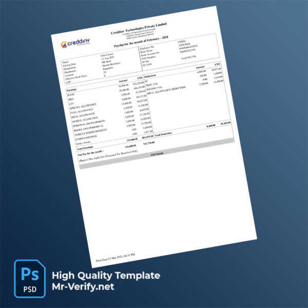 Creddinv Technologies Private Limited payslip word and pdf template