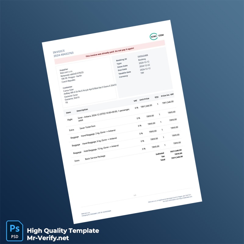 Czech Republic Kiwi com Invoice Template in Word and PDF formats Czech Republic Kiwi com Invoice Template in Word and PDF formats