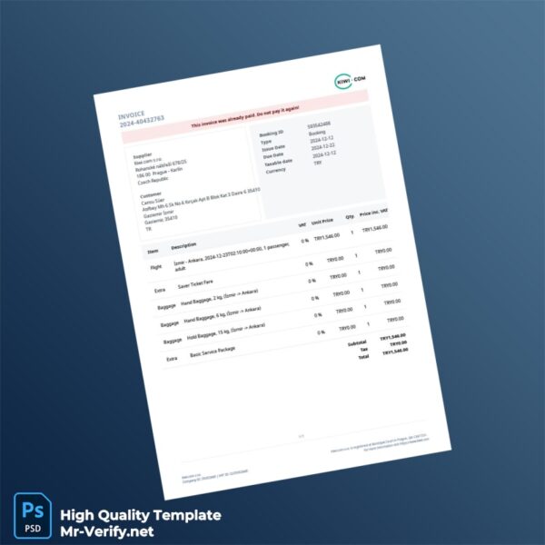Czech Republic Kiwi com s r o Invoice Template in Word and PDF formats