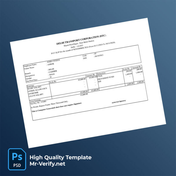 Delhi Transport Corporation payslip word and pdf template
