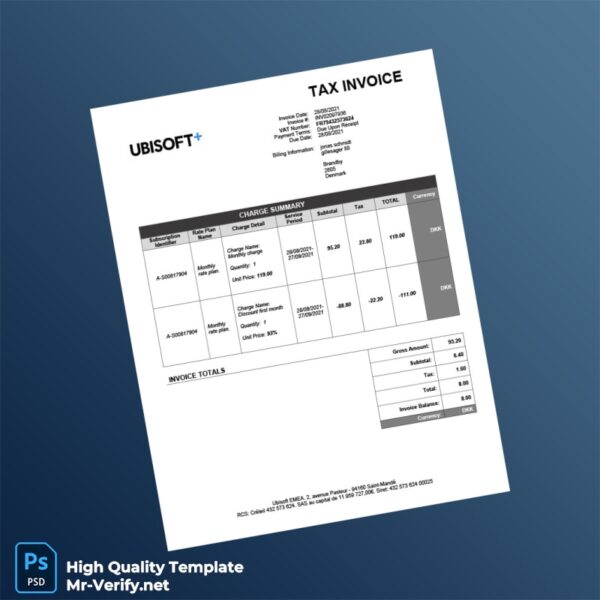 Denmark Ubisoft Tax Invoice Template in Word and PDF formats 2 page Denmark Ubisoft Tax Invoice Template in Word and PDF formats 2 page