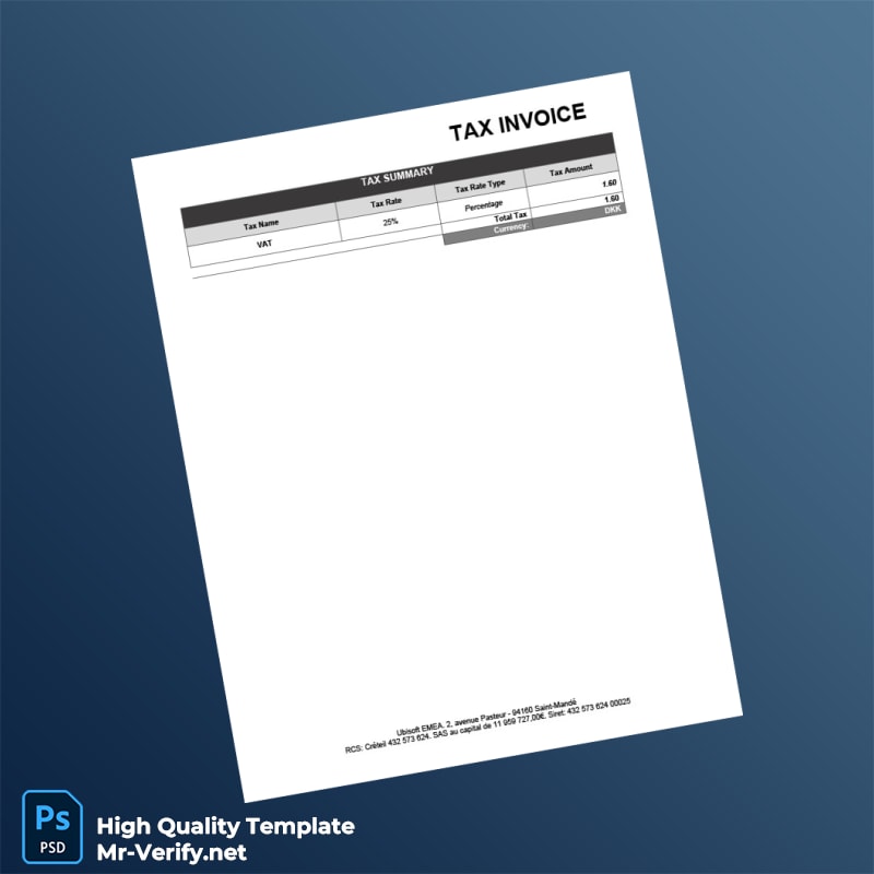 Denmark Ubisoft Tax Invoice Template in Word and PDF formats 2 page Denmark Ubisoft Tax Invoice Template in Word and PDF formats 2 page