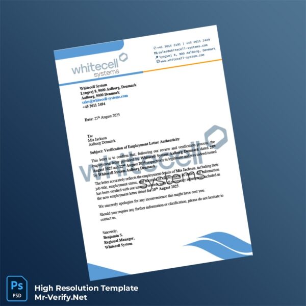 Editable Denmark Whitecell System Employment Verification Letter Word and Pdf Template
