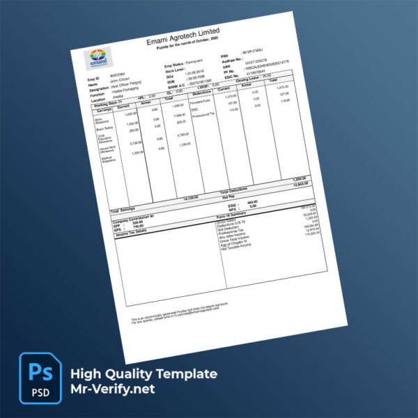 Emami Agrotech Limited payslip word and pdf template Emami Agrotech Limited payslip word and pdf template
