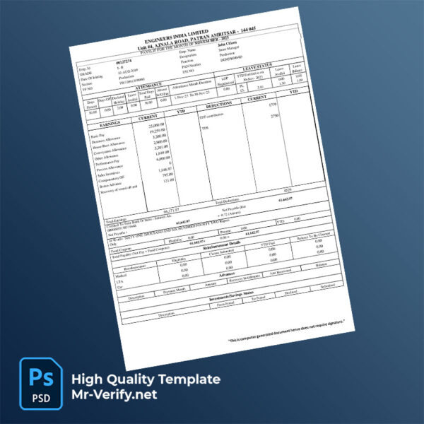 Engineers India Limited payslip word and pdf template