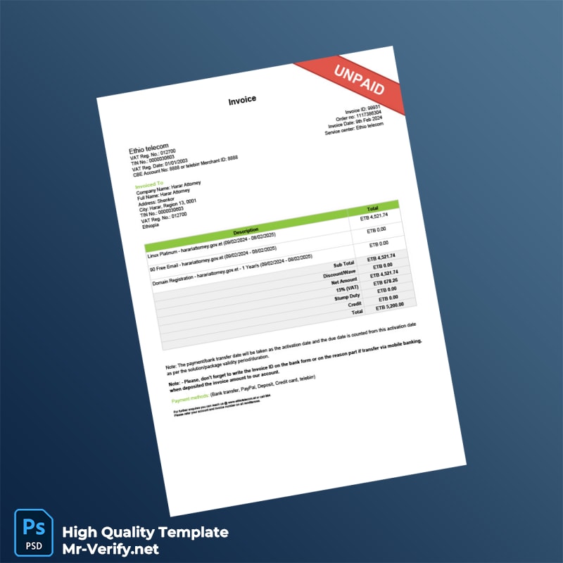 Ethiopia Ethio Telecom Invoice Template in Word and PDF formats Ethiopia Ethio Telecom Invoice Template in Word and PDF formats