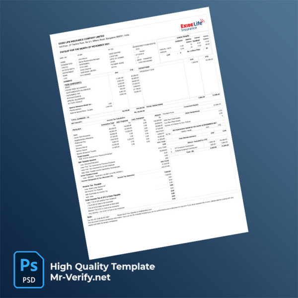 Exide Life Insurance Company Limited payslip word and pdf template