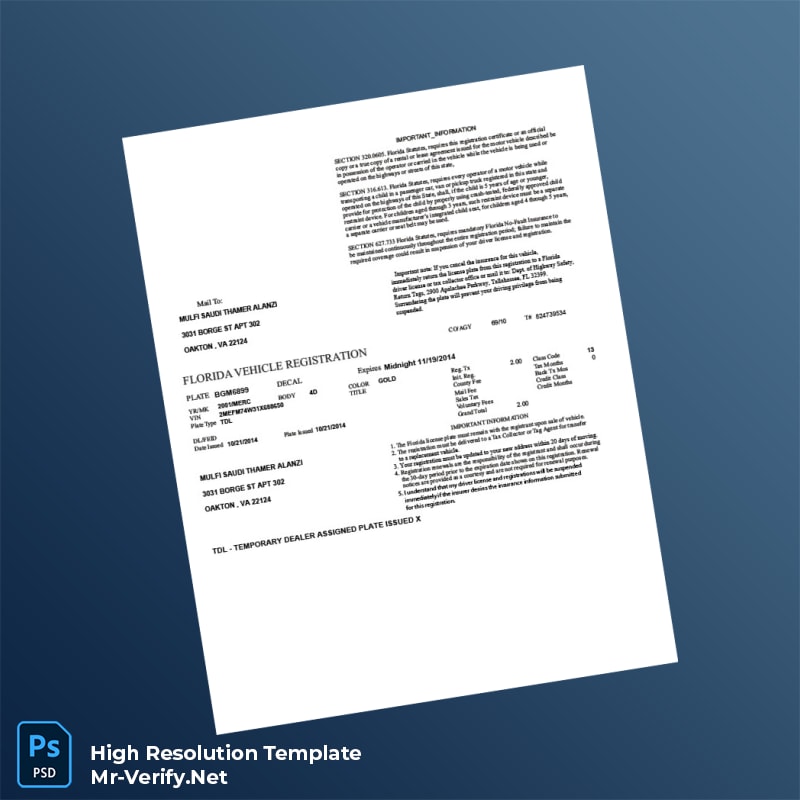 Editable Florida Department of Highway Safety Vehicle Registration Certificate Word and Pdf Template Editable Florida Department of Highway Safety Vehicle Registration Certificate Word and Pdf Template