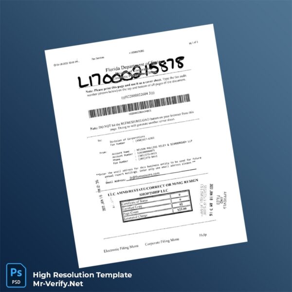 Editable Florida Department of State Business Registration Certificate Word and Pdf Template 2 page Editable Florida Department of State Business Registration Certificate Word and Pdf Template 2 page
