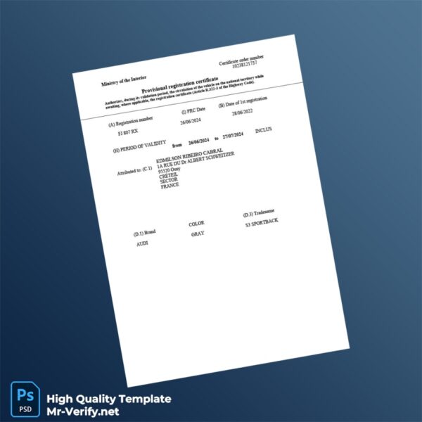 France Provisional Registration Certificate Template in Word and PDF formats France Provisional Registration Certificate Template in Word and PDF formats