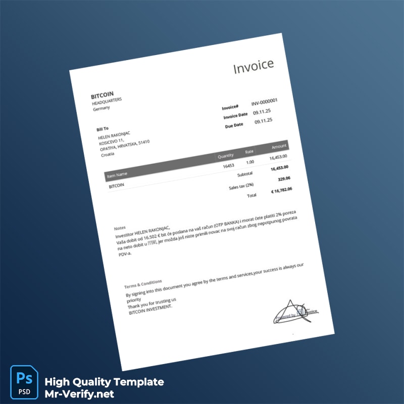 Germany Bitcoin Investment Invoice Template in Word and PDF formats Germany Bitcoin Investment Invoice Template in Word and PDF formats