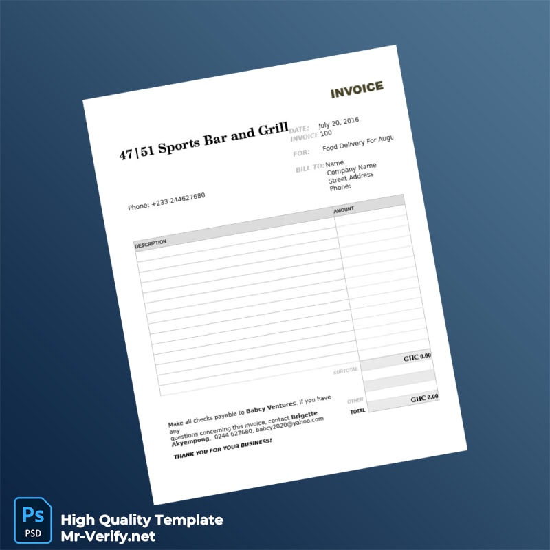 Ghana 47_51 Sports Bar and Grill Invoice Template in Word and PDF formats Ghana 47_51 Sports Bar and Grill Invoice Template in Word and PDF formats