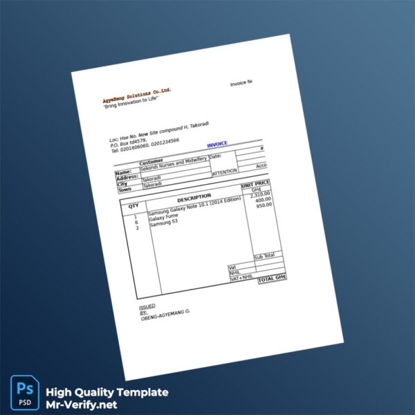 Ghana AgyeBeng Solutions Co Ltd Invoice Template in Word and PDF formats 2 page