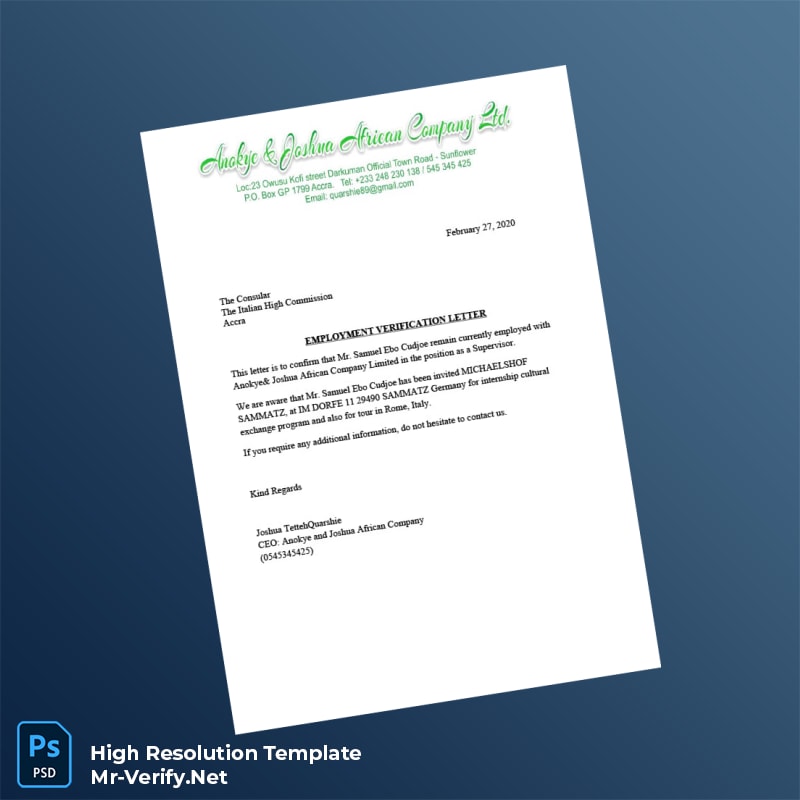 Editable Ghana Anokye and Joshua African Company Limited Employment Verification Letter Word and Pdf Template Editable Ghana Anokye and Joshua African Company Limited Employment Verification Letter Word and Pdf Template