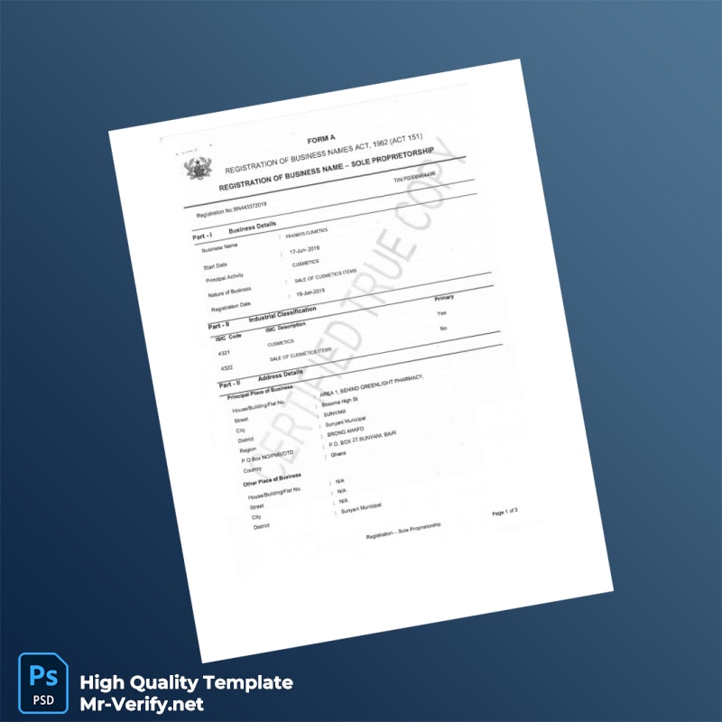 Ghana Business Registration Certificate Template in Word and PDF formats 4 page Ghana Business Registration Certificate Template in Word and PDF formats 4 page