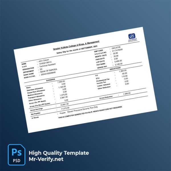 Greater Kolkata College of Engg & Management payslip word and pdf template